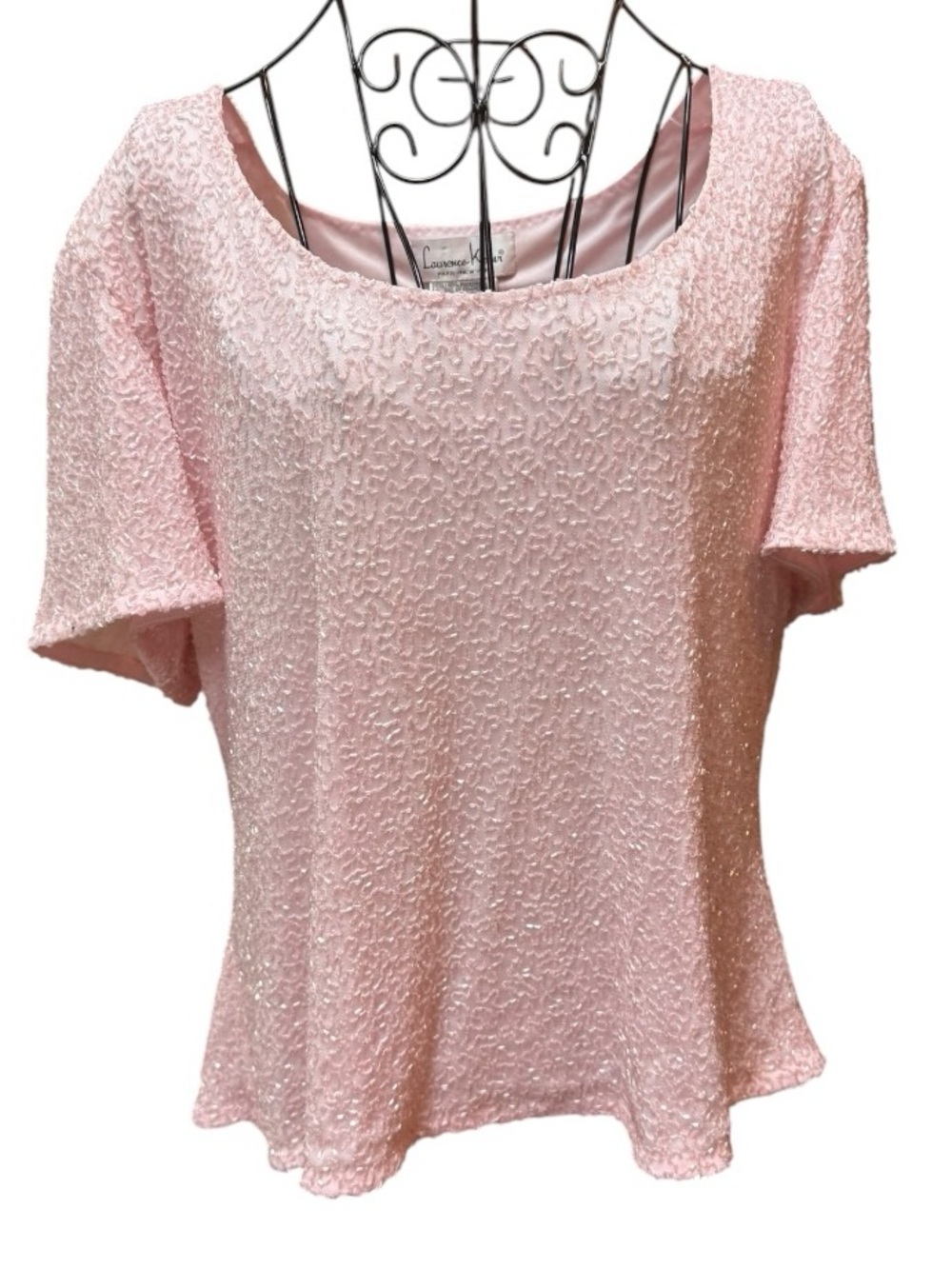 Laurence Kazar Pink Beaded Scoop Neck Short Sleeve Elegant Top